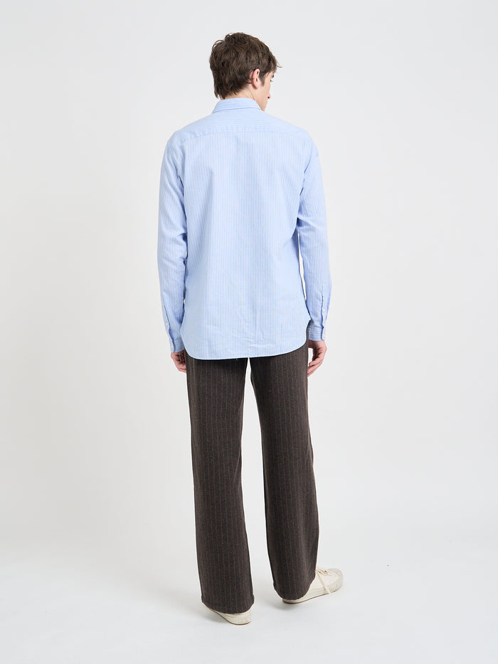 Back Shot of Model wearing Oliver Spencer Men's Pale Blue Pinstripe Organic Cotton Button-Down Shirt
