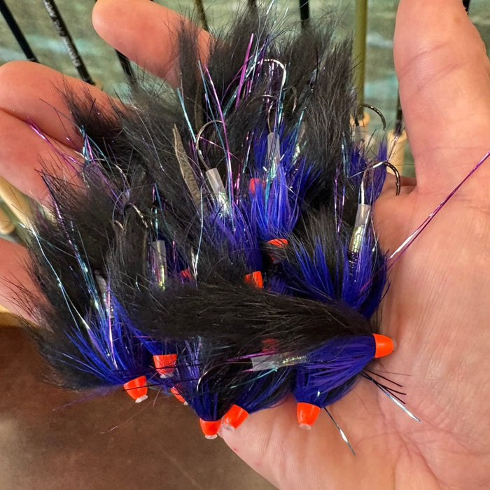 Hand holding a bundle of Bunny Hare Leech -
with black, blue, and orange colors.