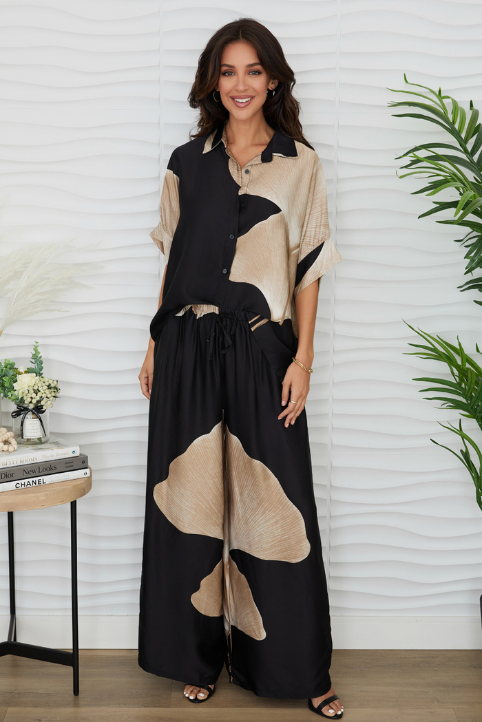 Gingko Print Wide Leg Pants - Black - Top View