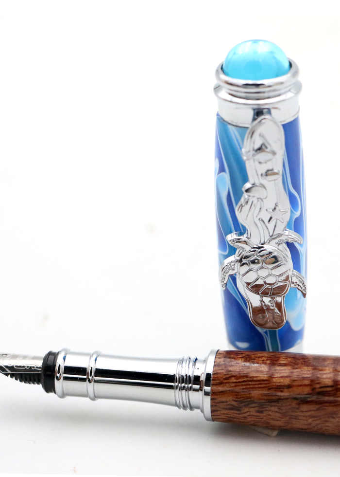 Hawaiian Koa Wood Underwater Honu Fountain Pen - Chrome