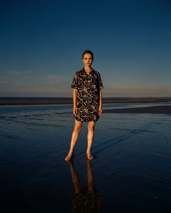 Island Shirt Dress - Vintage Flowers Black