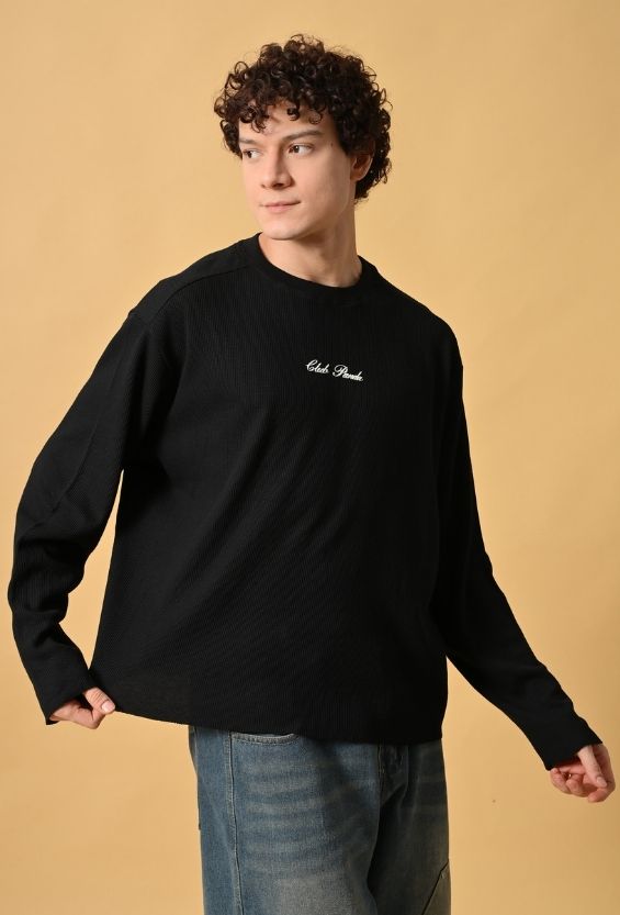 Jet Black Waffle Knit Oversized Boxy T-Shirt for Men | Raw Edge Streetwear Full Sleeve Tee