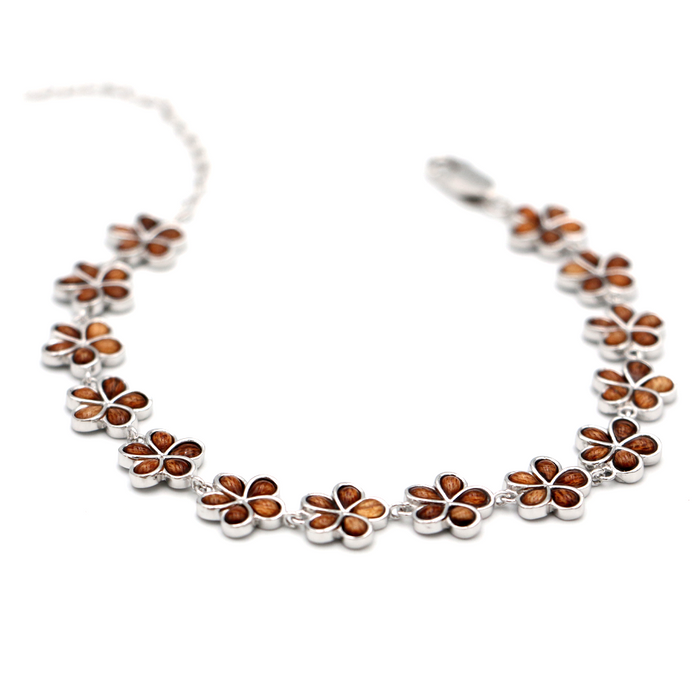 Koa Wood and Silver Plumeria Bracelet - Side View