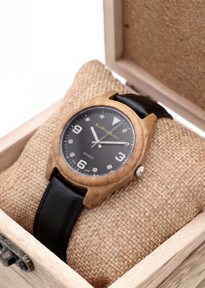 Kona - Hawaiian Koa and Leather Band Watch: Black