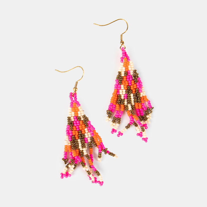 Ladies' Glass Bead Tassel Earrings - Pink