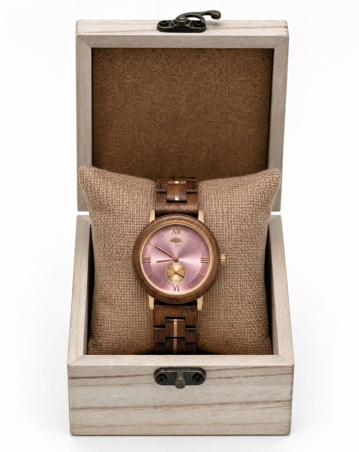 Ladies Koa Wood Watch - Pink Face - Side View