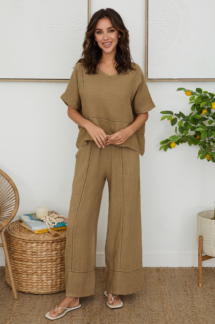 Linen Open Stitch V-Neck Top