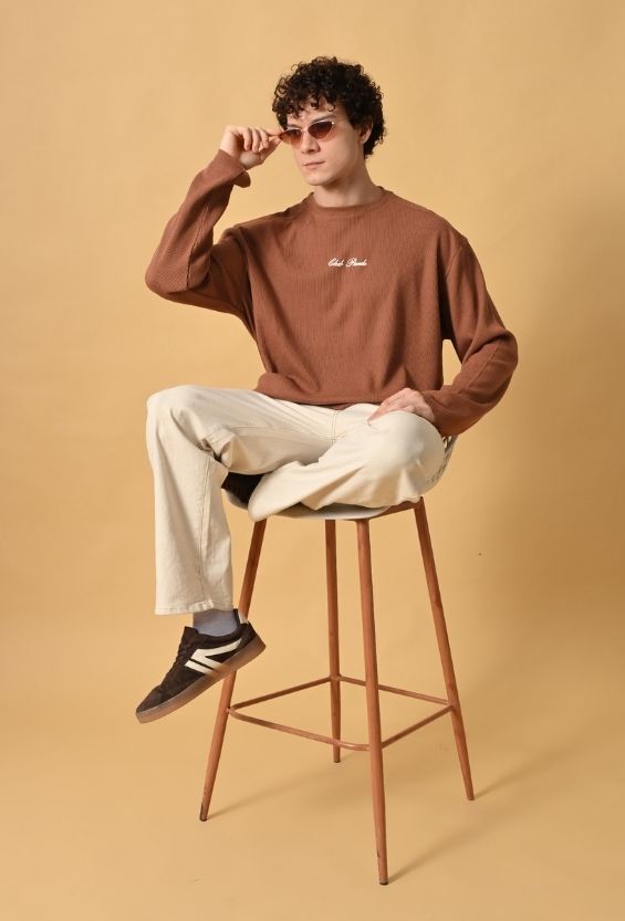 Mocha Brown Waffle Knit Oversized Boxy T-Shirt for Men | Raw Edge Streetwear Tee