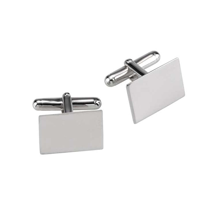 Polished Rhodium Plated Sterling Silver Flat Rectangle Cufflinks