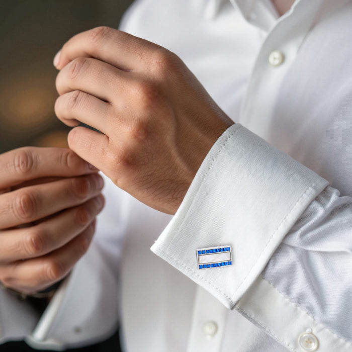 Polished Rhodium with Mother Of Pearl & Blue Sapphire Crystal Rectangle Cufflinks