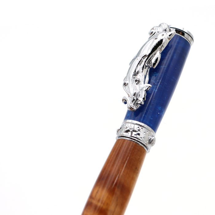 Premium Curly Hawaiian Koa Dolphin Pen - Chrome - Top View