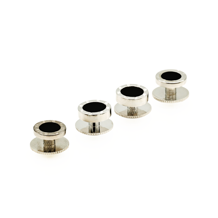 Rhodium plated and round Onyx Screw Shirt Studs (set of 4)