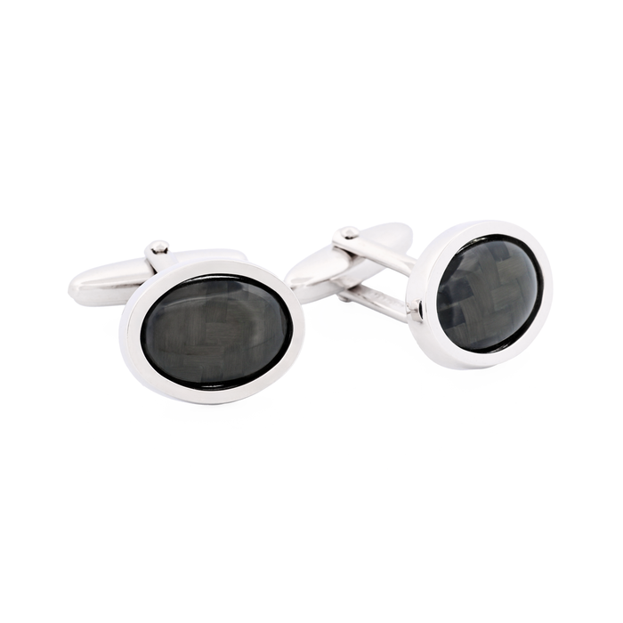 Rhodium Plated Carbon Fibre Oval Cufflinks