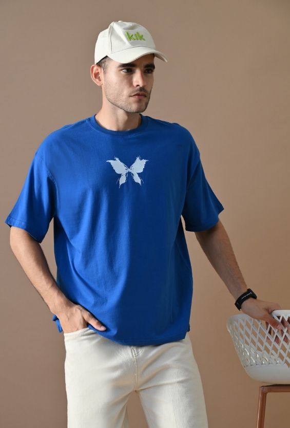 Royal Blue Cotton Lycra Boxy Streetwear T-Shirt for Men | Butterfly Graphic Print
