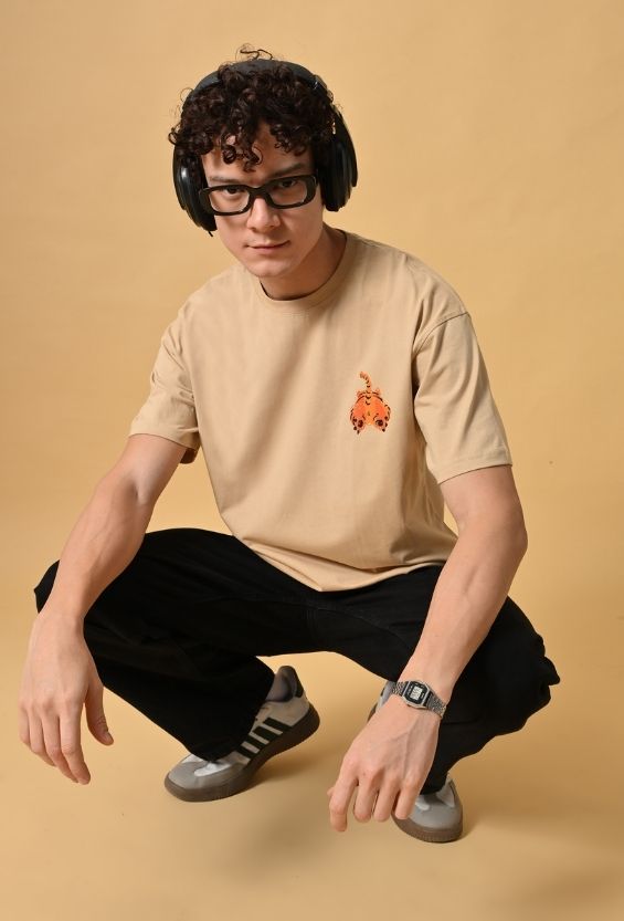 Sand Beige Cotton Lycra Boxy Streetwear T-Shirt for Men | Graphic Back Print