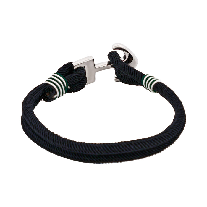 Stainless Steel - Dark Green & White Cord Anchor Bracelet
