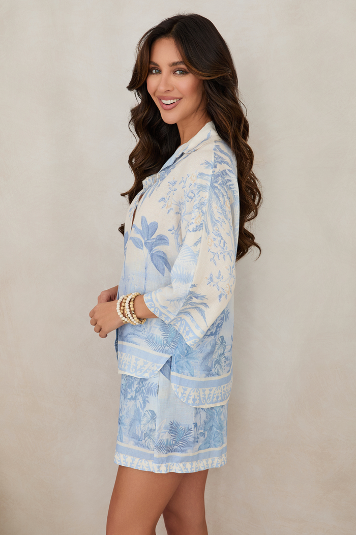 Tropical Palm 3/4 Sleeve - Blue - Side View