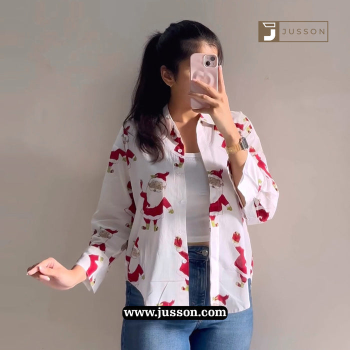 White And Marron Christmas Cute Santa Printed Casual Shirt