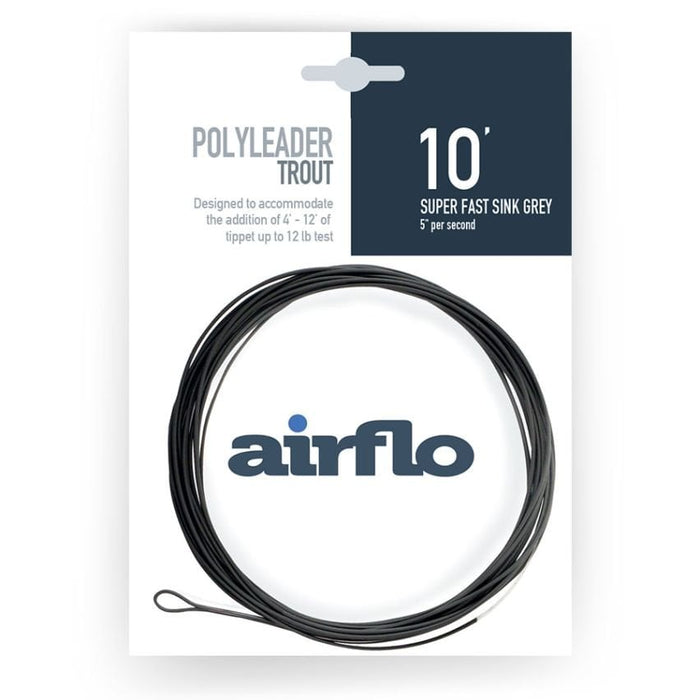 Airflo polyleader light trout - Super Fast Sink Grey - packaging with black leader cord on a white background