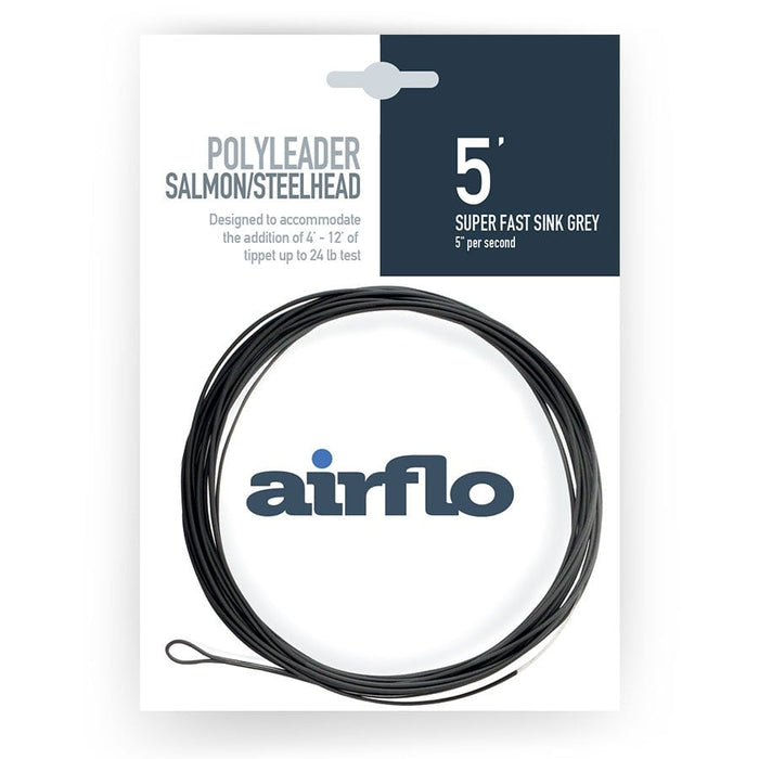 Airflo polyleader light trout - Salmon and Steelhead - 5ft super fast sink grey - packaging with black leader cord on a white background