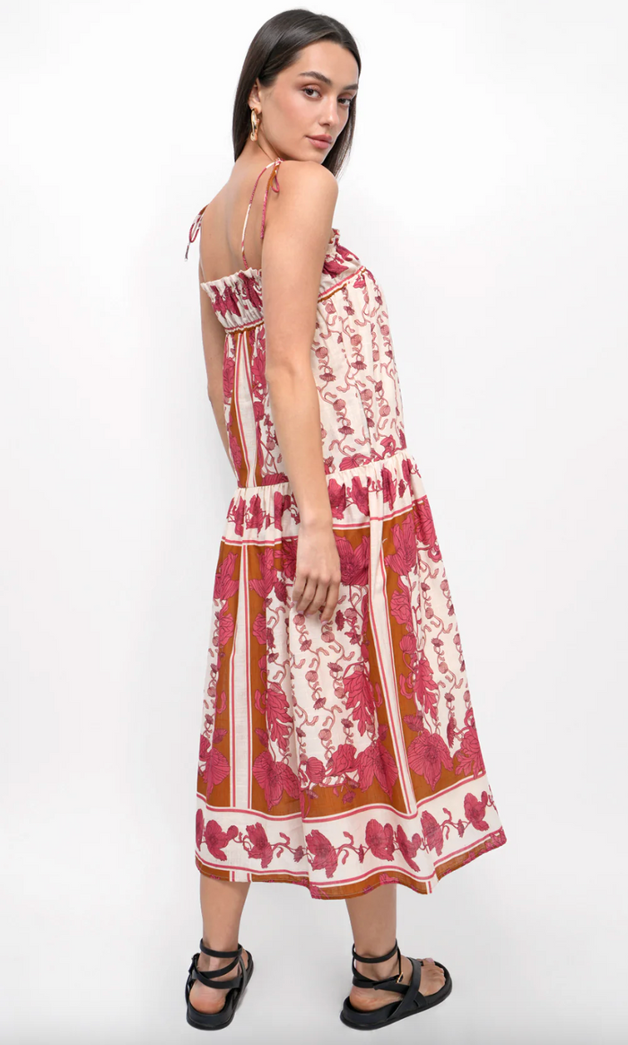 Alisha Trapeze Strappy Midi Dress - Ecru/ Coral - Back View