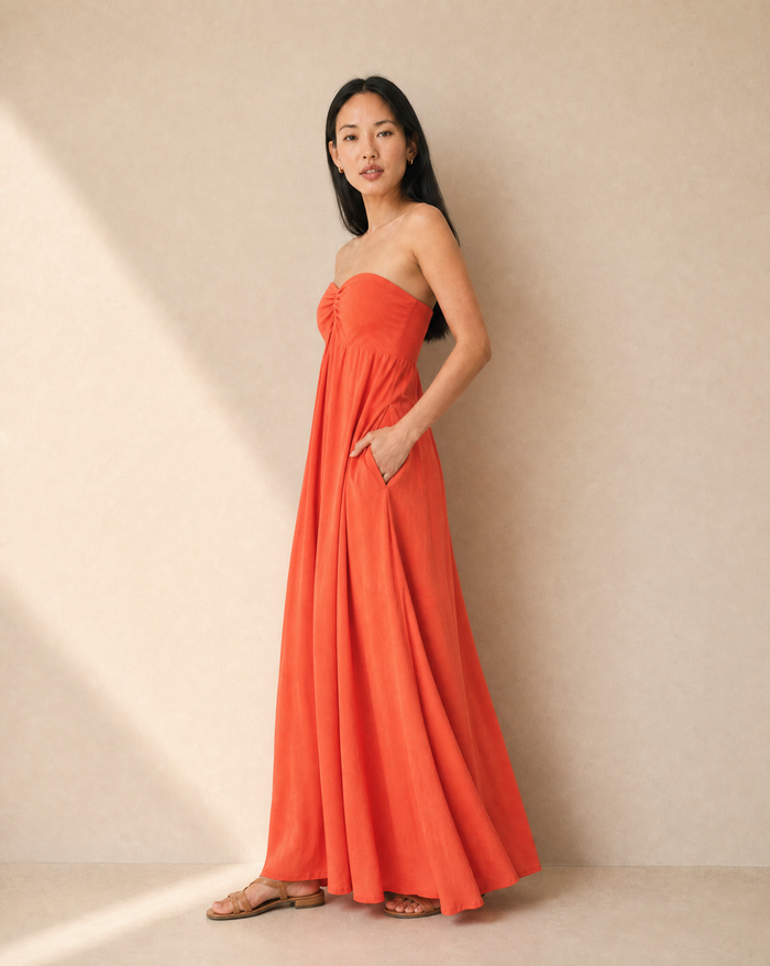 Aven Strapless Maxi Dress - Coral - Side View