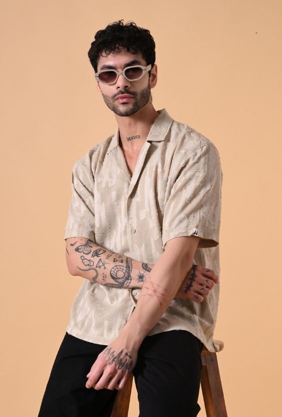 beige textured shirt men oversized
