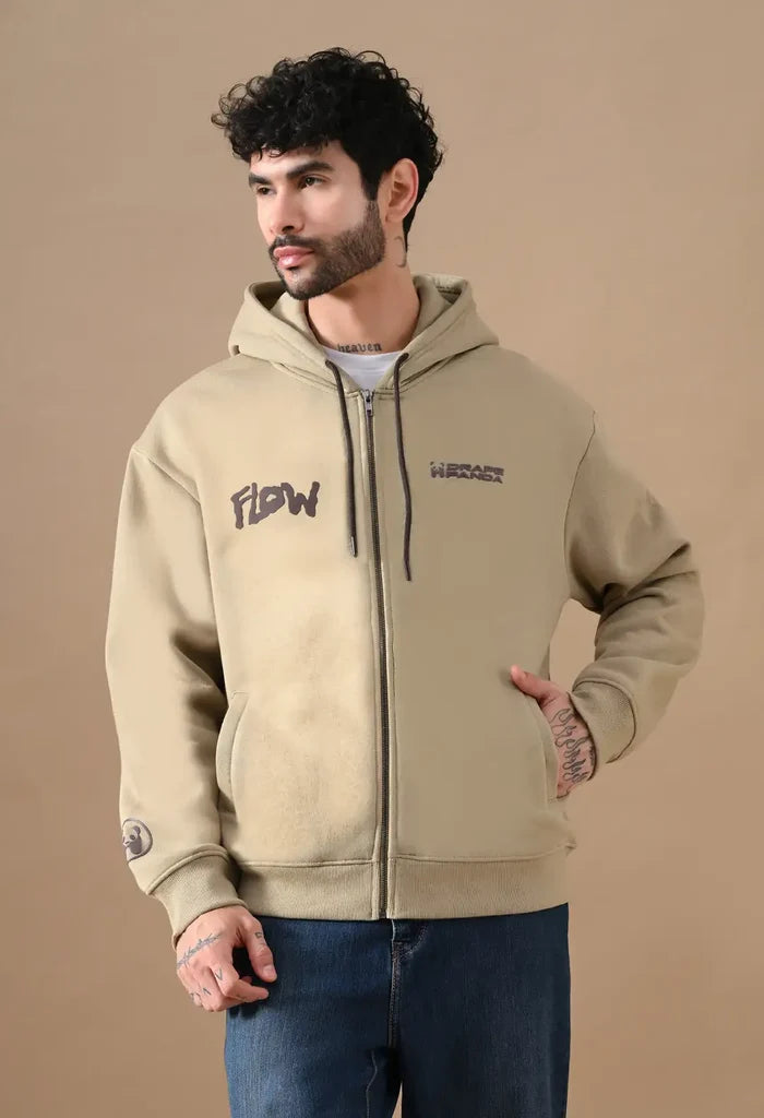 Beige Puff Print Men's Zip-Up Hoodies for Men