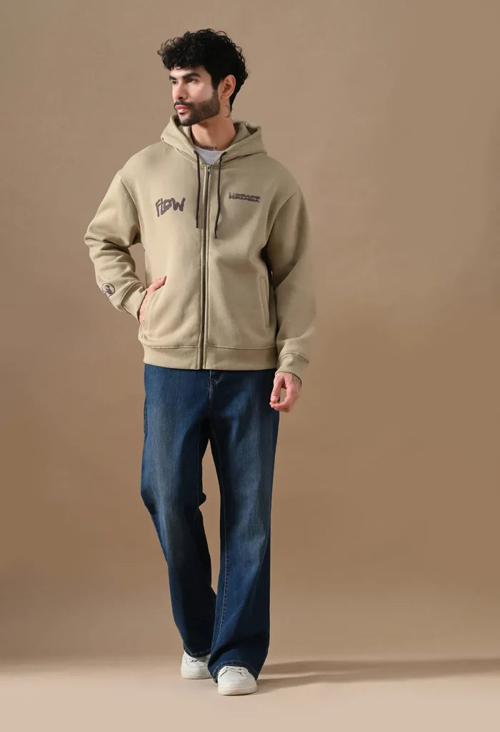 Beige Puff Print Men's Zip-Up Hoodies for Men
