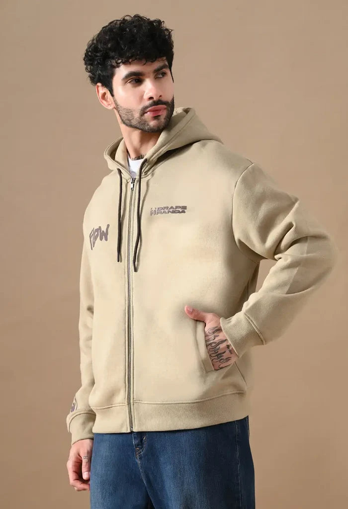 Beige Puff Print Men's Zip-Up Hoodies for Men