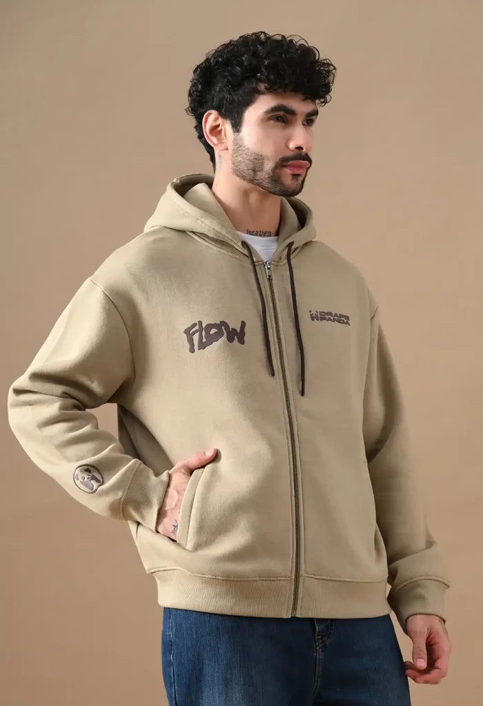 Beige Puff Print Men's Zip-Up Hoodies for Men