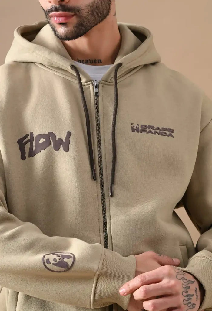 Beige Puff Print Men's Zip-Up Hoodies for Men