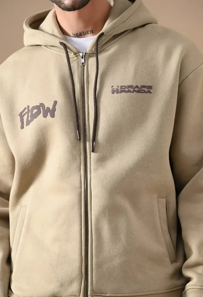 Beige Puff Print Men's Zip-Up Hoodies for Men