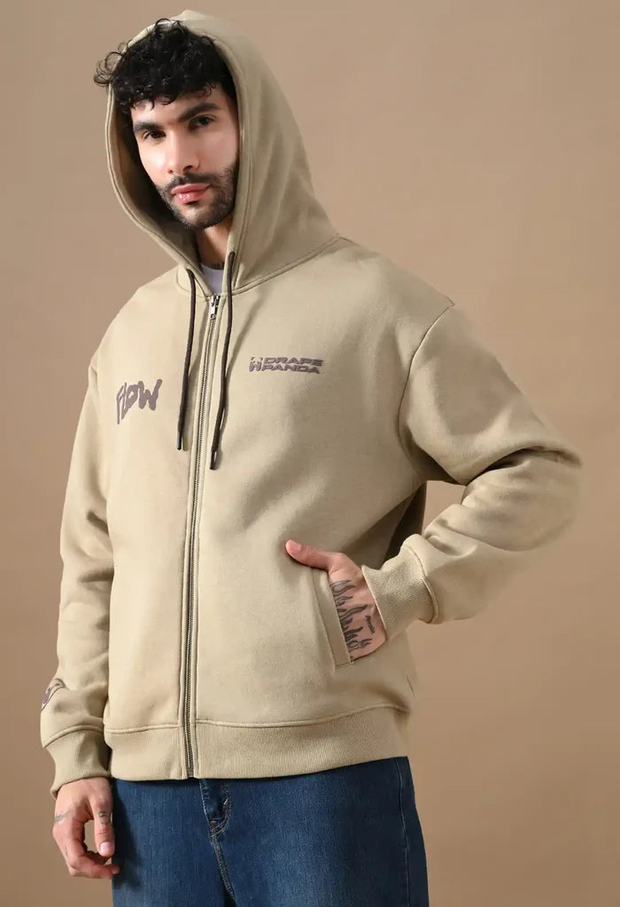 Beige Puff Print Men's Zip-Up Hoodies for Men