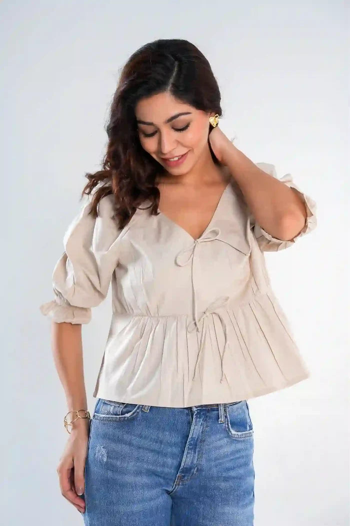 Beige Women's Peplum Tops | 100% Cotton for Women