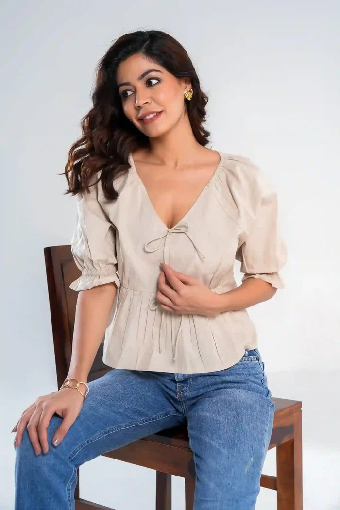 Beige Women's Peplum Tops | 100% Cotton for Women