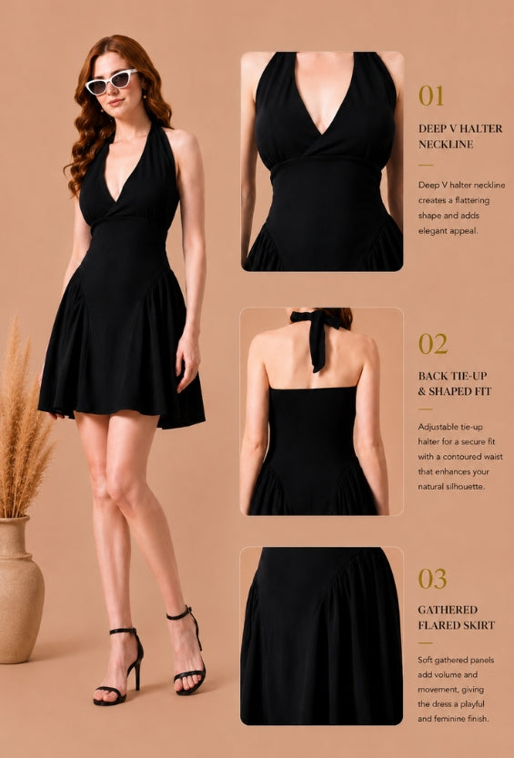 Black Cotton Knit Women's Halter Dresses for Women