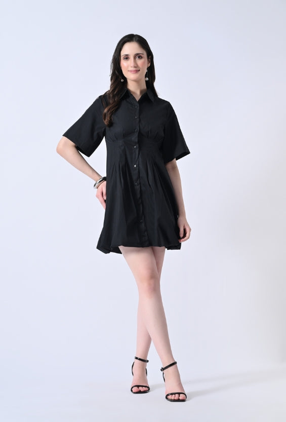 Black Cotton Shirt Dress for Women | Pintuck Detail & Balloon Hem