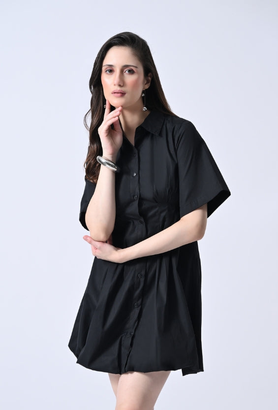 Black Cotton Shirt Dress for Women | Pintuck Detail & Balloon Hem