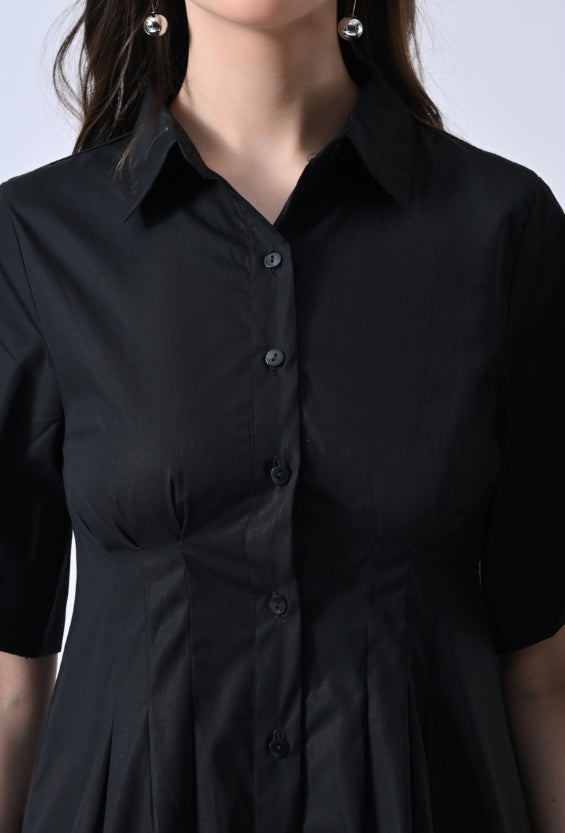 Black Cotton Shirt Dress for Women | Pintuck Detail & Balloon Hem