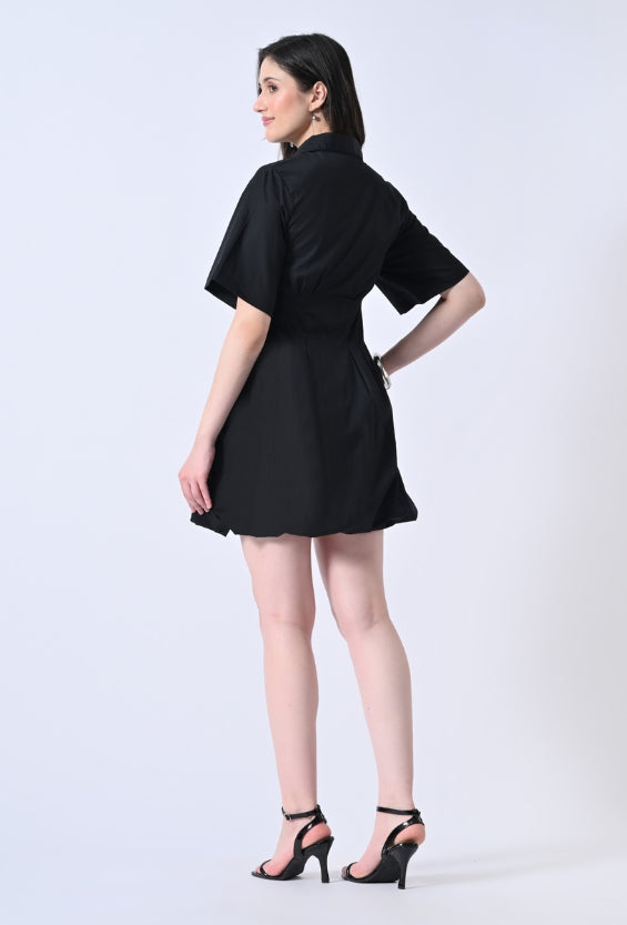 Black Cotton Shirt Dress for Women | Pintuck Detail & Balloon Hem