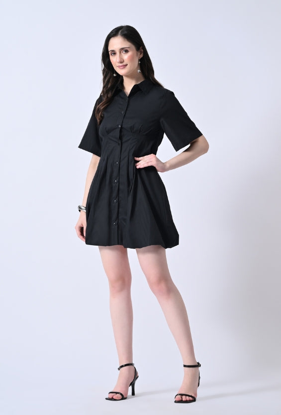 Black Cotton Shirt Dress for Women | Pintuck Detail & Balloon Hem