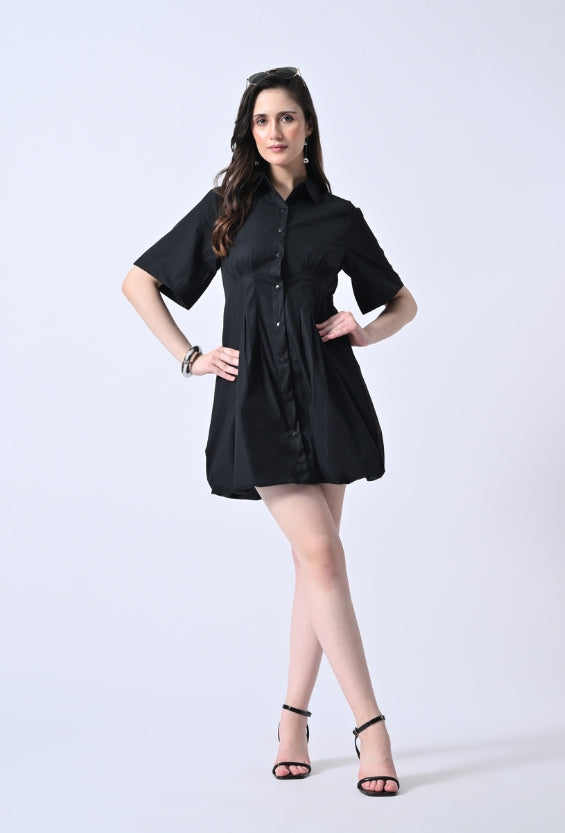 Black Cotton Shirt Dress for Women | Pintuck Detail & Balloon Hem