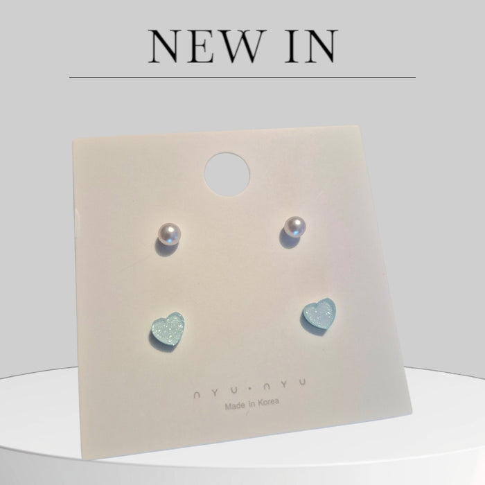 Blue heart and pearl stud earrings