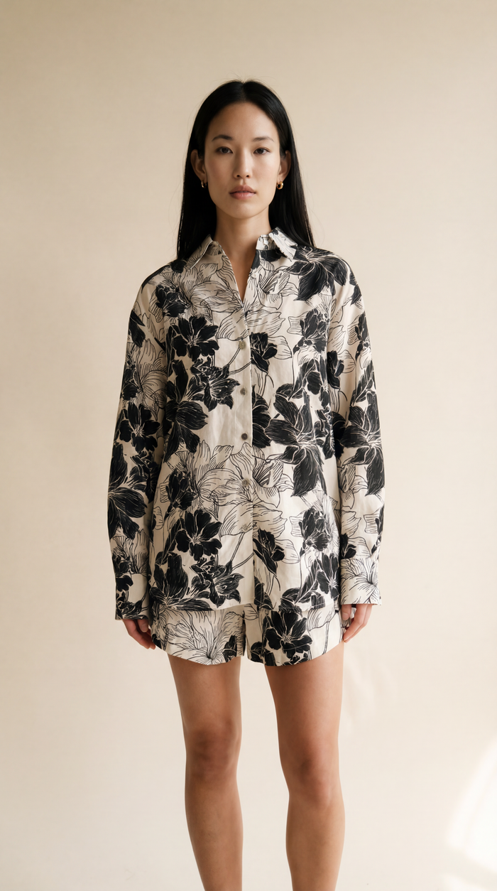 Boyfriend Shirt - Black Lilies on White