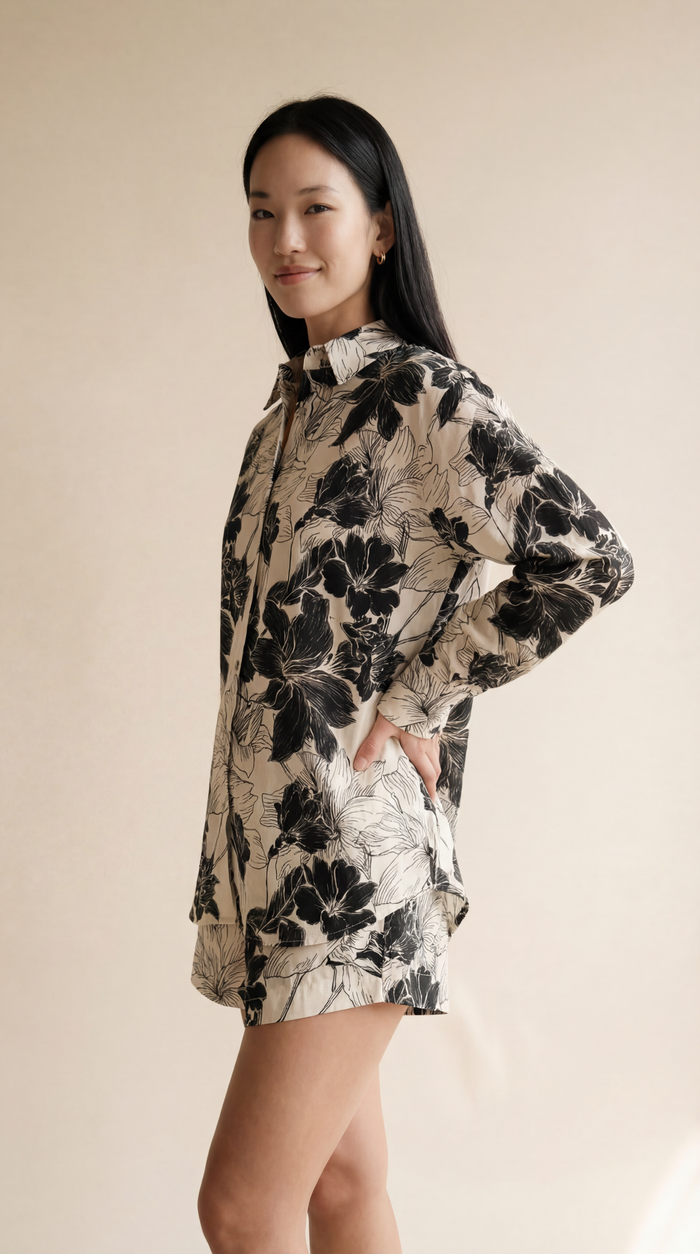 Boyfriend Shirt - Black Lilies on White
