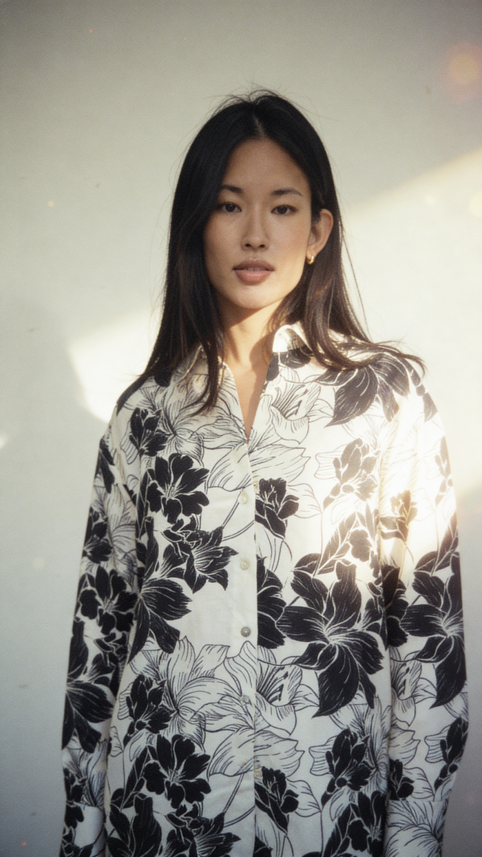 Boyfriend Shirt - Black Lilies on White