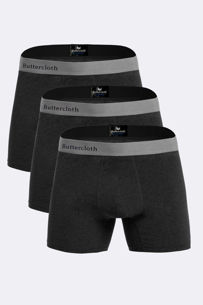 Model wearing the Brisk Secret Dark Heather Grey boxer briefs comfortable underwear.