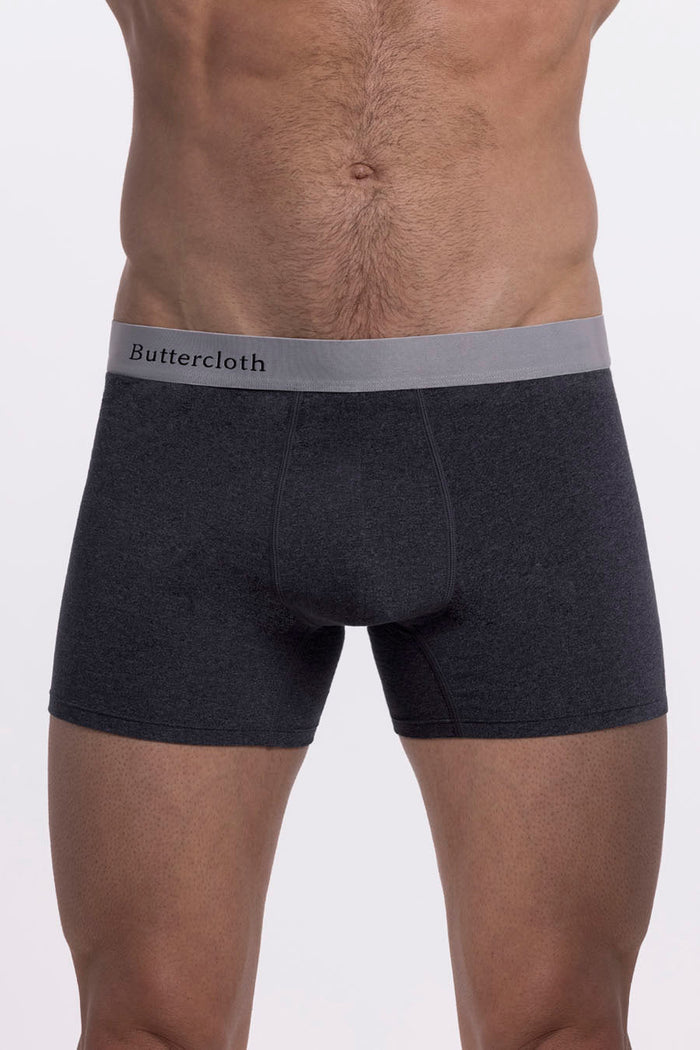 Model wearing the Brisk Secret Dark Heather Grey boxer briefs comfortable underwear.