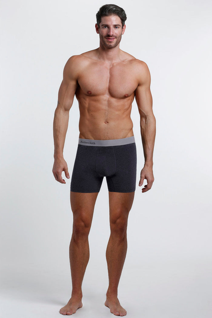 Model wearing the Brisk Secret Dark Heather Grey boxer briefs comfortable underwear.